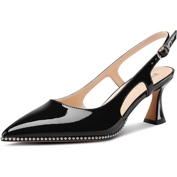 🆕Women Black Kitten Pointed Toe Pumps Sling Back Slip on Buckle 2.6 Inch Heels - Picture 1 of 5